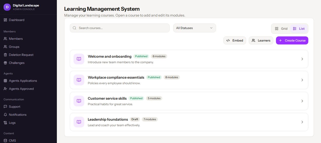 LMS course list with module counts